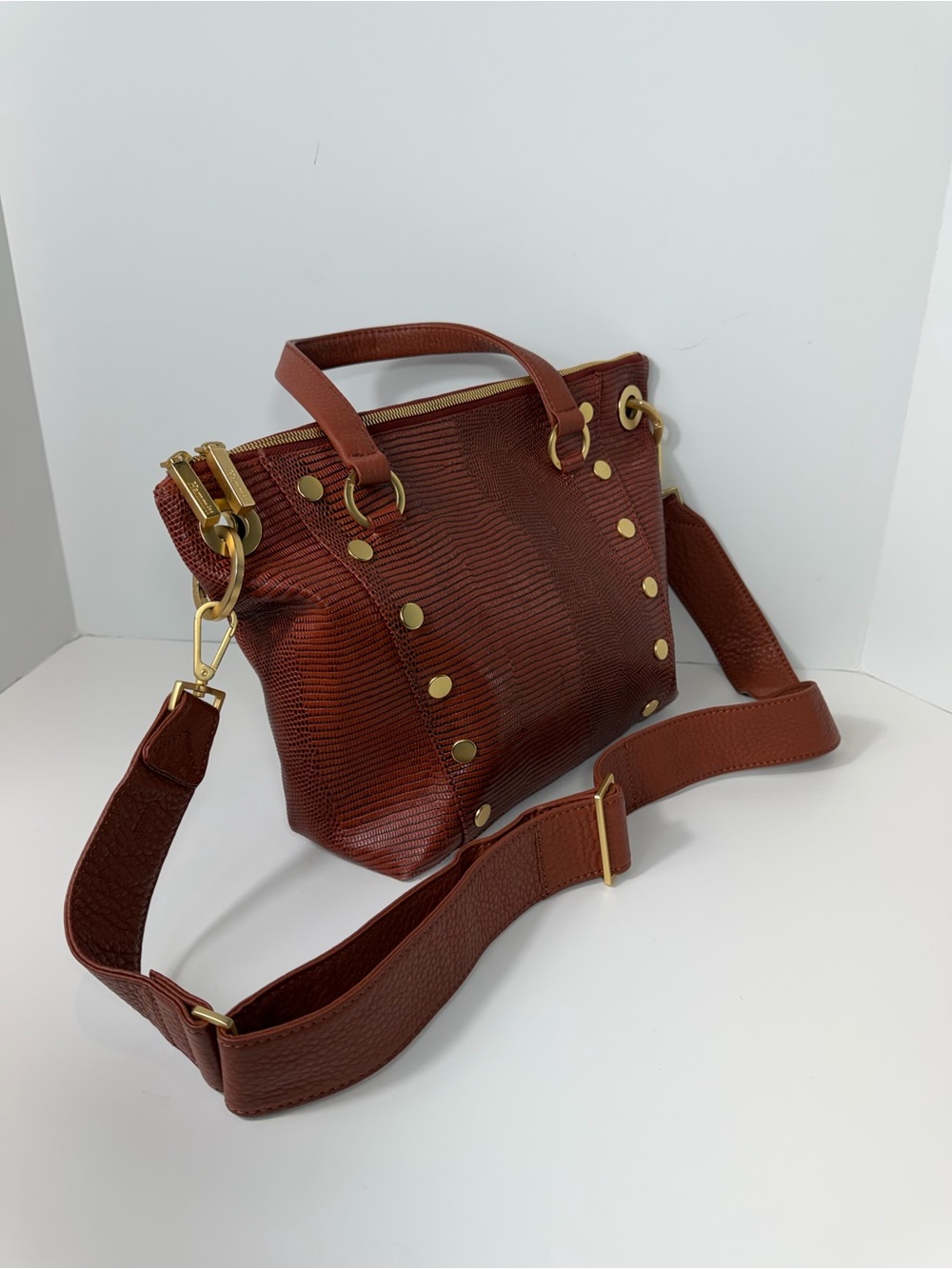 Hammitt Daniel Leather Satchel Crossbody Bag Cognac Lizard Gold - Picture 5 of 11